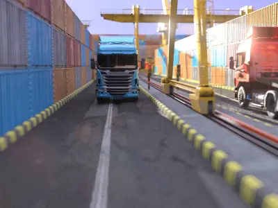 wharf container terminal with trucks and containers 3D model