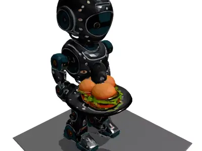 Friendly Robot Waiter with Burgers Low-poly 3D model