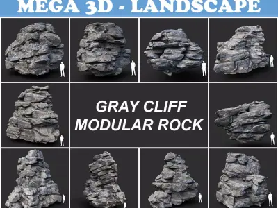 Low poly Gray Cliff Modular Rock 210417 Low-poly 3D model