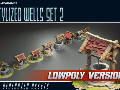 Stylized Medieval Wells Low-poly 3D model
