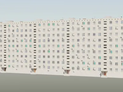 Soviet Panel Apartment Building with four entrances Low-poly 3D model
