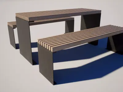Modern Wooden Street Bench with Table Low-poly 3D model