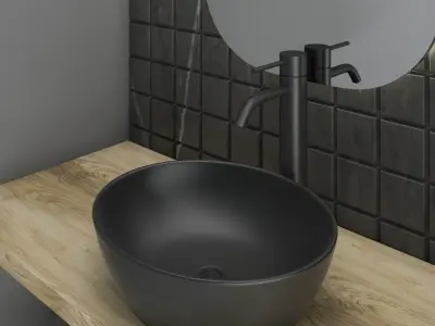 bathroom set 7 modern with tiles and wooden shelves 3D model