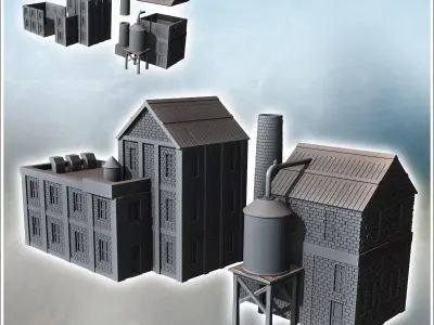 Set of two brick industrial buildings with adjacent tanks and ev 3D print model