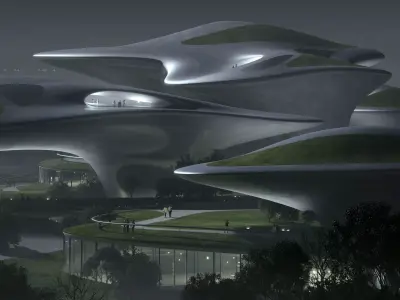 Futuristic Waterfront Cityscape with Landmark Tower 3D model