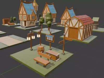 Building and Decor Set Medieval German Town Low-poly 3D model