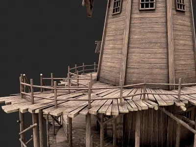 Medieval Wooden Windmill Low Poly PBR Low-poly 3D model