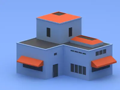 Blue-Red Low poly house exterior Low-poly 3D model