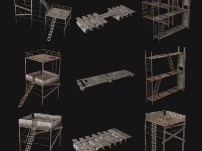 POST APO PLATFORM PIER IMPROVISED WATCHTOWER SCAFFOLDING PACK Low-poly 3D model