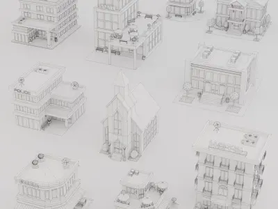 10 Low Poly Buildings Set Low-poly 3D model