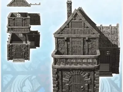 Medieval house with terrace large door and thatched roof 11 - Me 3D print model