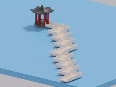 Cartoon Chinese Nine-turn bridge and Pavilion 3D model