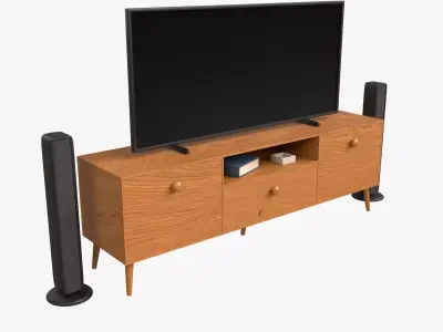 Modern TV Unit with Floor Speakers PBR 3D Model for Interior Low-poly 3D model