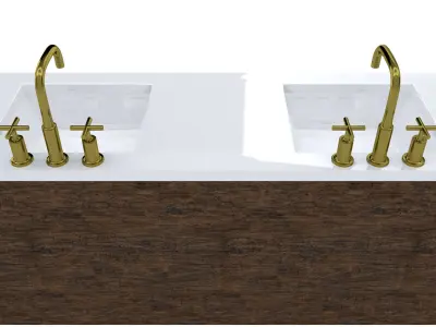 Vanity bathroom with two sinks and brass faucets 3D model