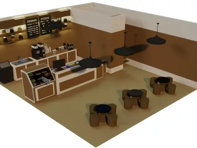 Low Poly Coffee House - With Interior Low-poly 3D model