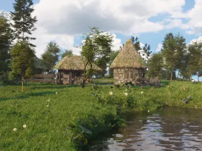 Realistic Nature Scene with Huts 3D model