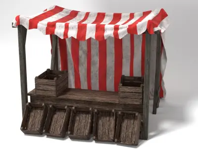  Medieval Market Stall Tent Red and White 3D Model with Crates Low-poly 3D model