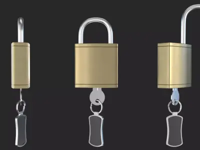 Brass Padlock with Key and Keychain 3D model