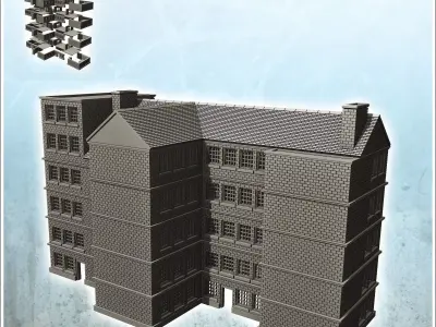Large multi-storey brick industrial building with chimney 15 - M 3D print model