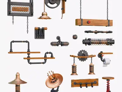 Steampunk Loft Decor 15 Pieces Set M1 3D model