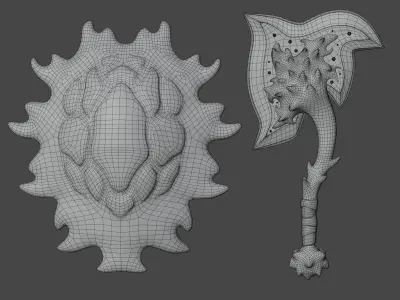 Coral Shield and Axe Low-poly 3D model