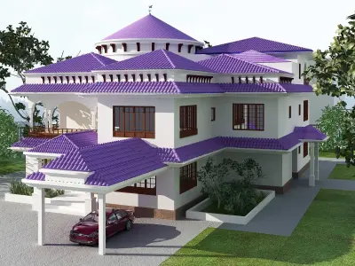Modern Villa Exterior with purple roof bricks Low-poly 3D model