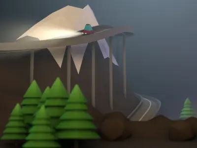 Lowpoly Road mountain with trees and bridge Low-poly 3D model