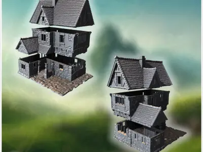 Small rural house with a thatched roof timber framing and detail 3D print model