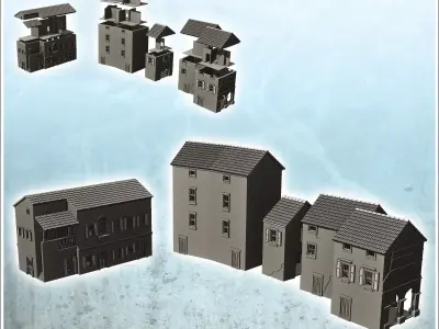 Set of four European houses with terrace and columns 10 - Modern 3D print model