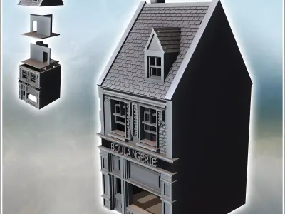 French bakery-pastry shop with two stories and damaged brick wal 3D print model
