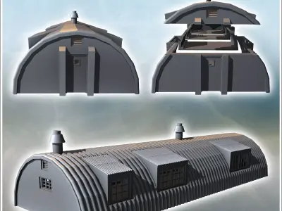 Long corrugated metal building with multiple windows and chimney 3D print model