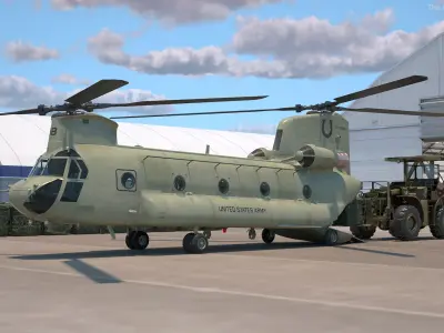 Forklift Loads Cargo to the Transport Helicopter CH 47 Chinook Rigged 