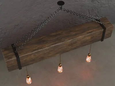 Wooden chandelier with forging elements and incandescent lamps 3D model