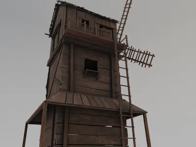 Medieval Wooden Windmill PBR Low-poly 3D model