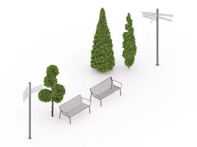 benches and plants in the park 3D model