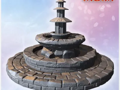 Large fountain with layered circular stone basins and adjacent d 3D print model