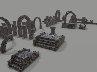 Ruin Set PBR medieval castle with stone walls and arches Low-poly 3D model