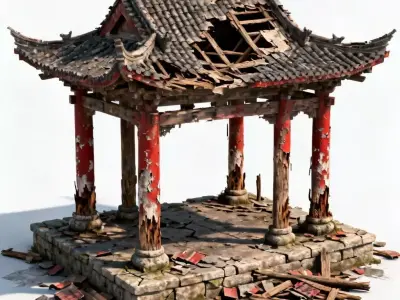 Ruined Ancient Chinese Pavilion 3D Model - Abandoned Temple Low-poly 3D model