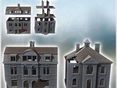 Set of Two Ruined Norman Village Buildings 3 - World War Two Sec 3D print model