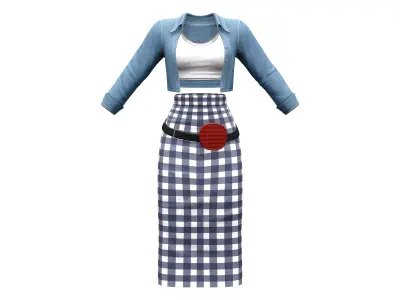 Casual Denim Jacket White Top Skirt Belt Outfit Low-poly 3D model