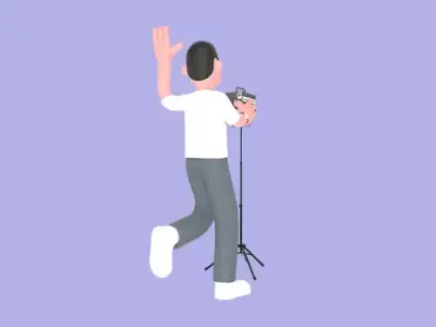 Happy 3D Male Photographer Waving with Studio Light - Cartoon 3D model