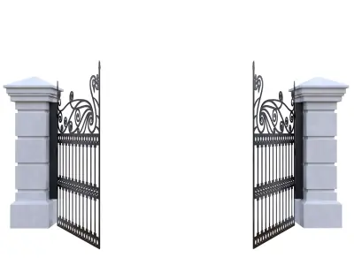 Classic Wrought Iron Entrance Gate 3D Model with Stone Columns Low-poly 3D model