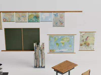 Vintage Classroom Science Lab Old Maps Blackboard Desk Props Low-poly 3D model