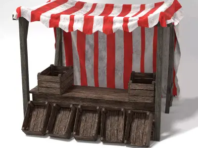  Medieval Market Stall Tent Red and White 3D Model with Crates Low-poly 3D model