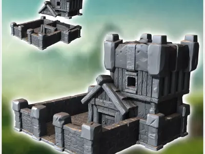 Medieval defense post with square stone tower low wall and tiled 3D print model