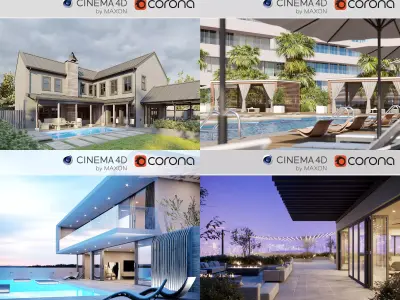 Set 9 - Corona C4D - 4 x Exterior Scenes 3D Model Collection 3D Model Pack