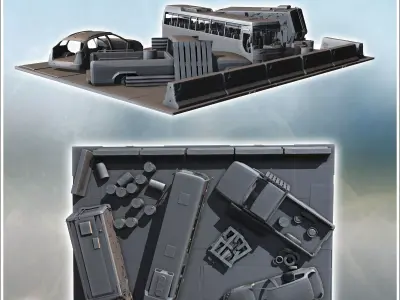 Broken-down vehicles and barriers arranged in a defensive config 3D print model
