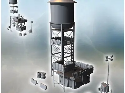 Outpost on water storage tower with lamps and metal defensive wa 3D print model
