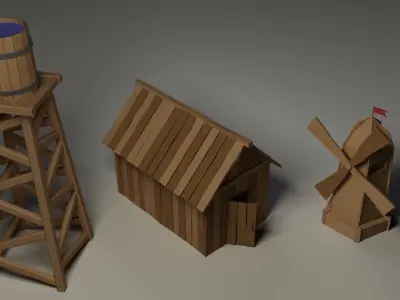 Rustic set Low-poly trees and plants Low-poly 3D model