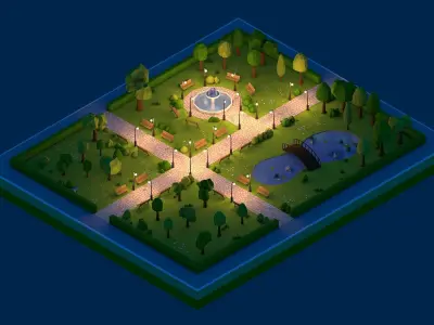 Low Poly Park with trees and pond Low-poly 3D model